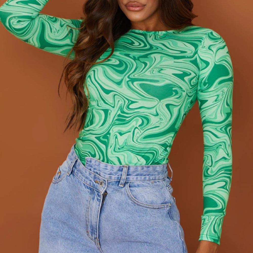 Green Swirl Design Bodysuit Top